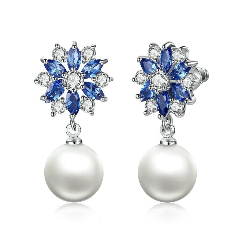 BAMOER Blue Crystal & Pearl Dangle Earrings