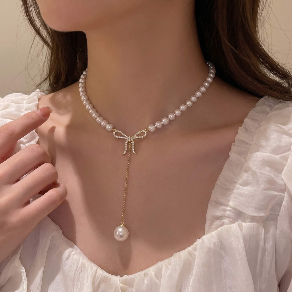 Pearl Bow Drop Necklace