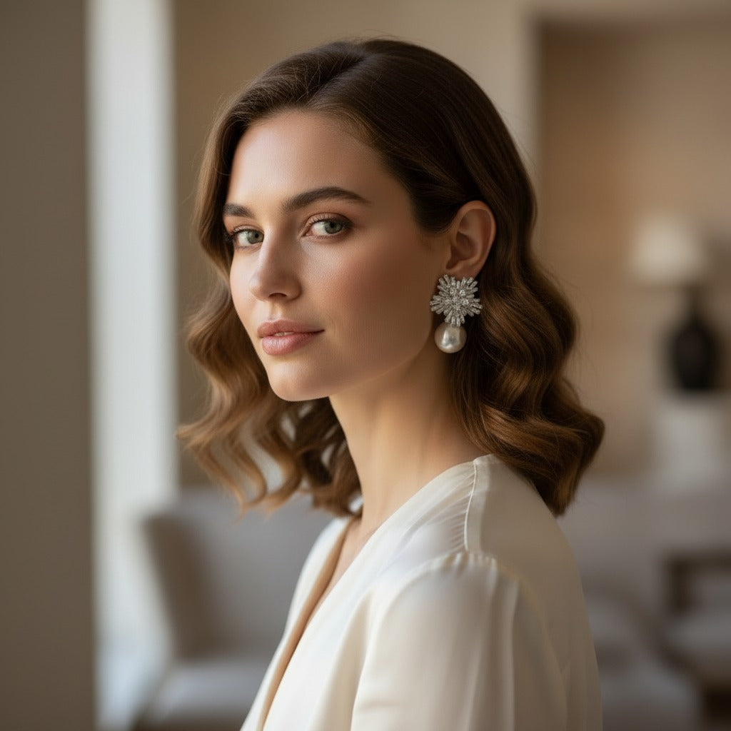 Zirconia Pearl Cluster Bridal Stud Earrings